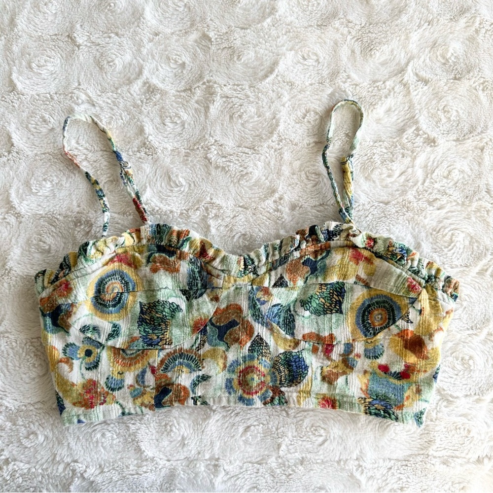 Anthropologie Top Womens XXS Multicolor Floral Ruffle Boho Tropical Cropped